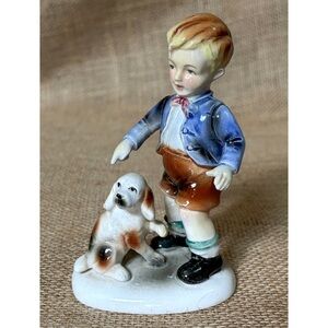 Vintage Boy With Dog Figurine Glossy Porcelain Japan Kitsch Sweet Whimsical